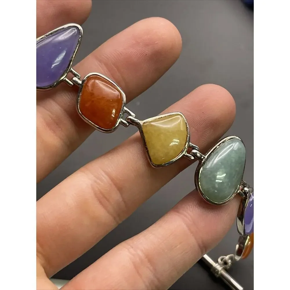 Sterling Silver Bracelet Jade Multi Color Green Purple Lavender Toggle HN China